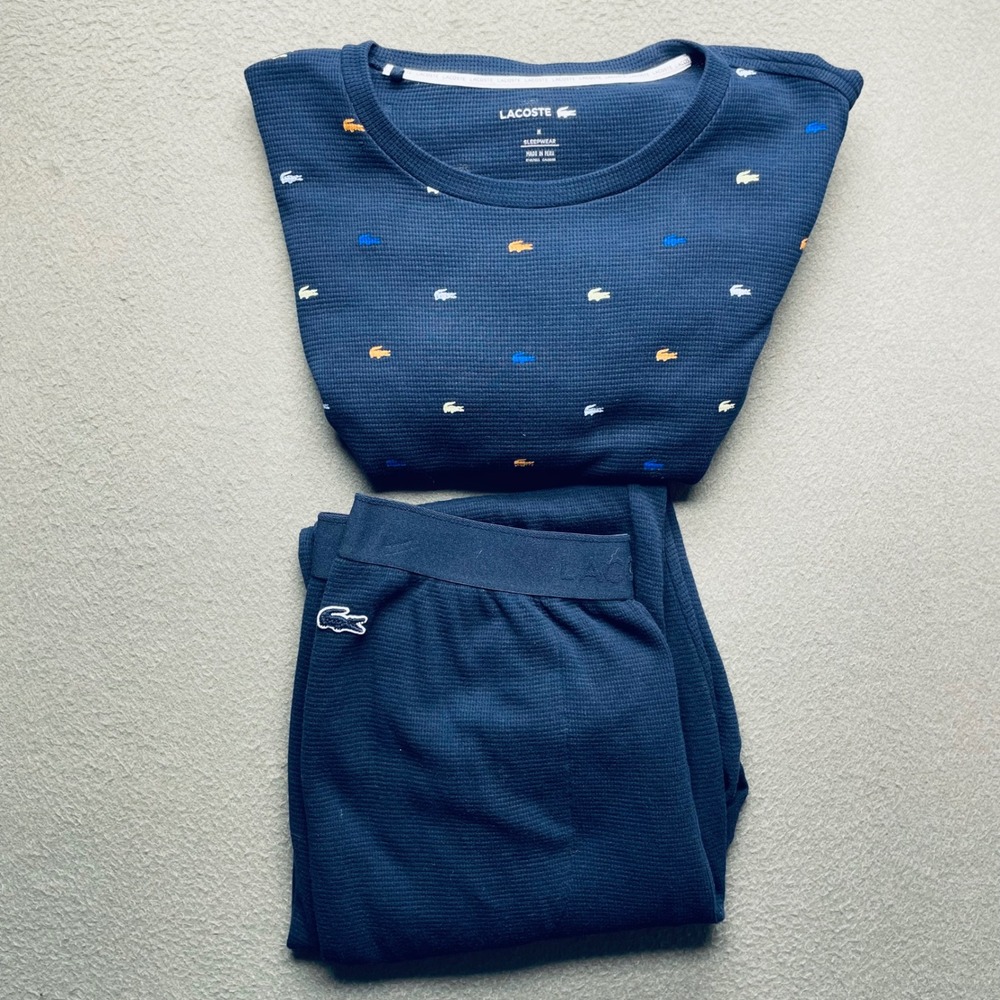 Lacoste Men Pajama Set Cotton Waffle Knit Blue M 3H5321 Loungewear